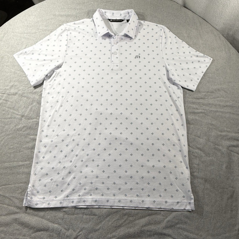 Travis Mathew Polo Shirt Mens L White Printed Golf Casual Saturday Night Stay